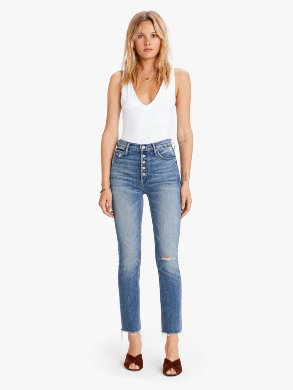 Mother The pixie dazzle ankle fray love pop button fly raw hem jeans Size 27